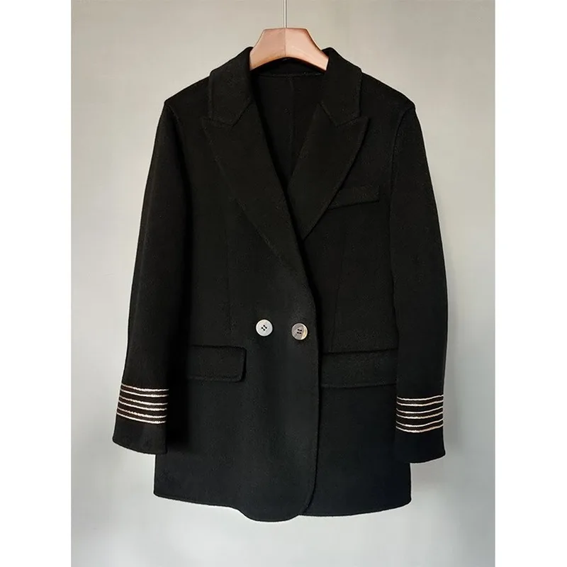 

2021 Autumn and Winter New Cuffs Gold Trim Double-sided Short Wool Coat Women