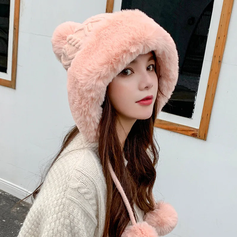

Outdoor Earflap Wool Knitted Snow Ski Cap Fleece Bomber Trapper Hat Women Faux Fox Fur Pompom Winter Beanie Hat Bonnet Femme Cap