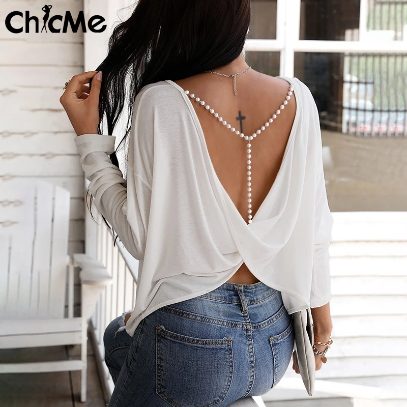 

Chicme Backless Women Knitted Solid Beaded Strap Twisted Back Top Long Sleeve Pullover Round Neck Sexy Jumper Casual Loose Tops