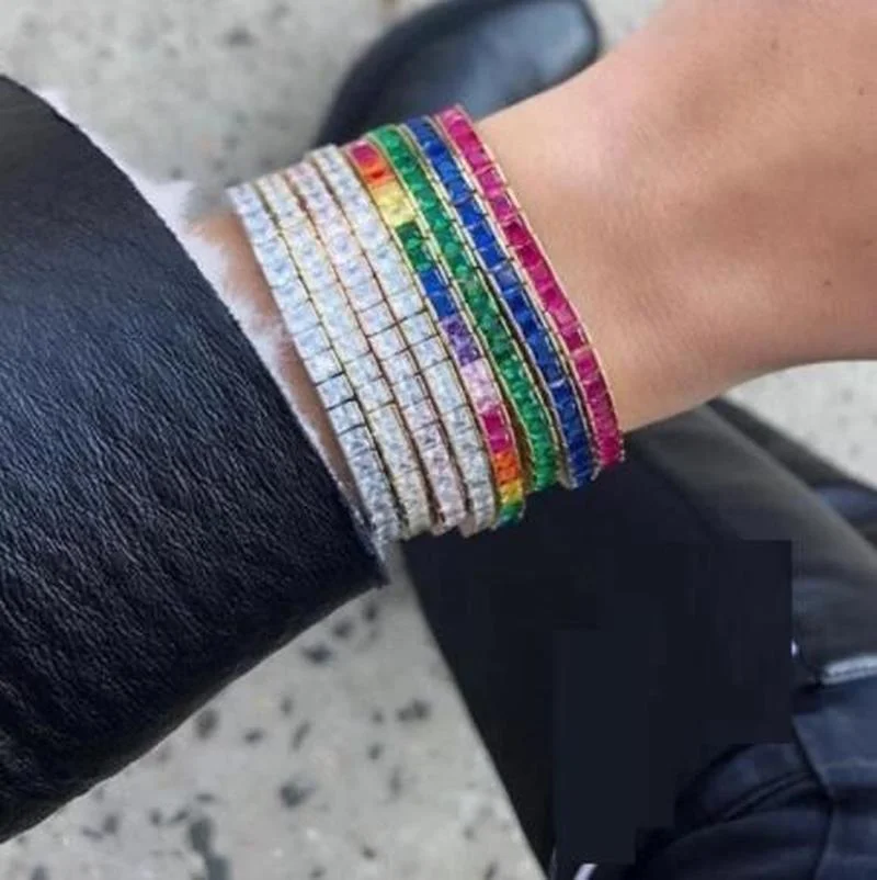 

4 Colors high quality Baguette Silver Bracelet Bangle for women paved clear AAAAA cz Luxury gold plated party jewelry gift