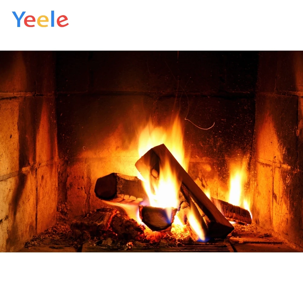 Фон для фотосъемки с изображением черного кирпича камина огней и дров