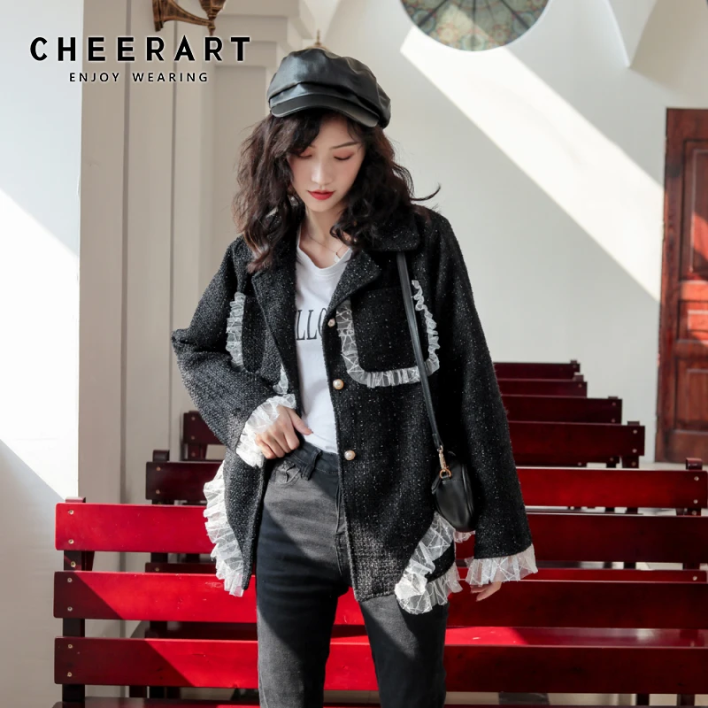 CHEERART твидовый Блейзер Женский черный дизайнерский пиджак Длинный блейзер с