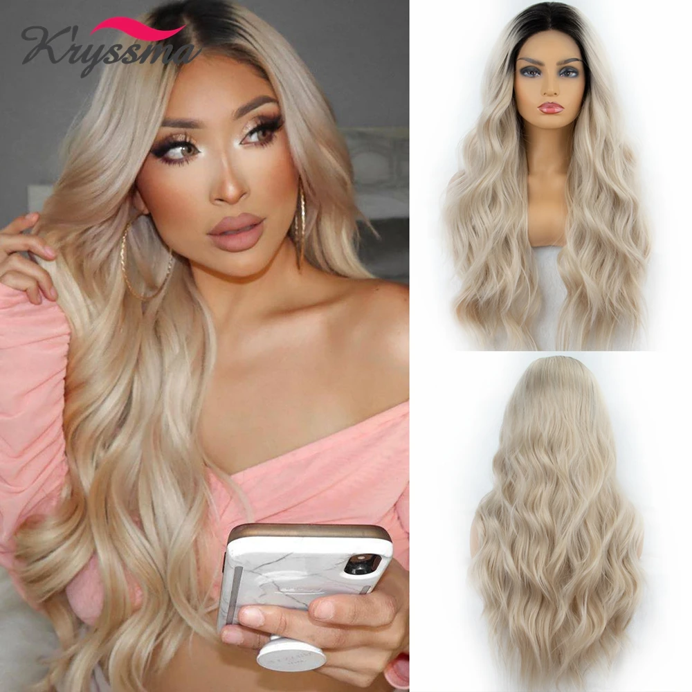 Kryssma Blonde Lace Front Wig Long Wavy Ombre Blonde Synthetic Hair Wigs for Women HD Lace Frontal Wig with Baby Hair Cosplay