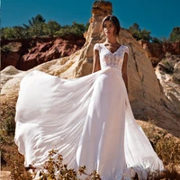 boho long wedding dresses short sleeve lace v neck chiffon floor length bohemian wedding gowns backless bridal dress open back