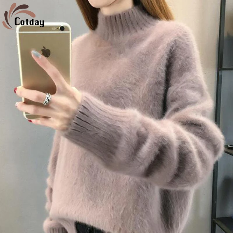 

Свободный однотонный Модный женский водостойкий норковый свитер Cotday 2021 зимний утепленный полувысокий Воротник Женский пуловер свитер