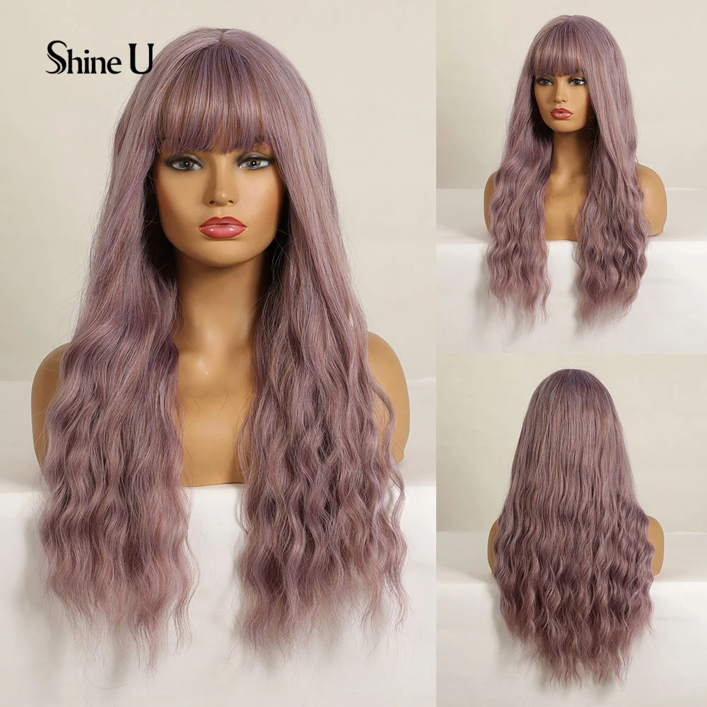 

Shine U Long Purple Women's Wave Headband Wig With Bangs Synthetic Hair Wigs Heat Resistant for Cosplay Daily 24 Inch