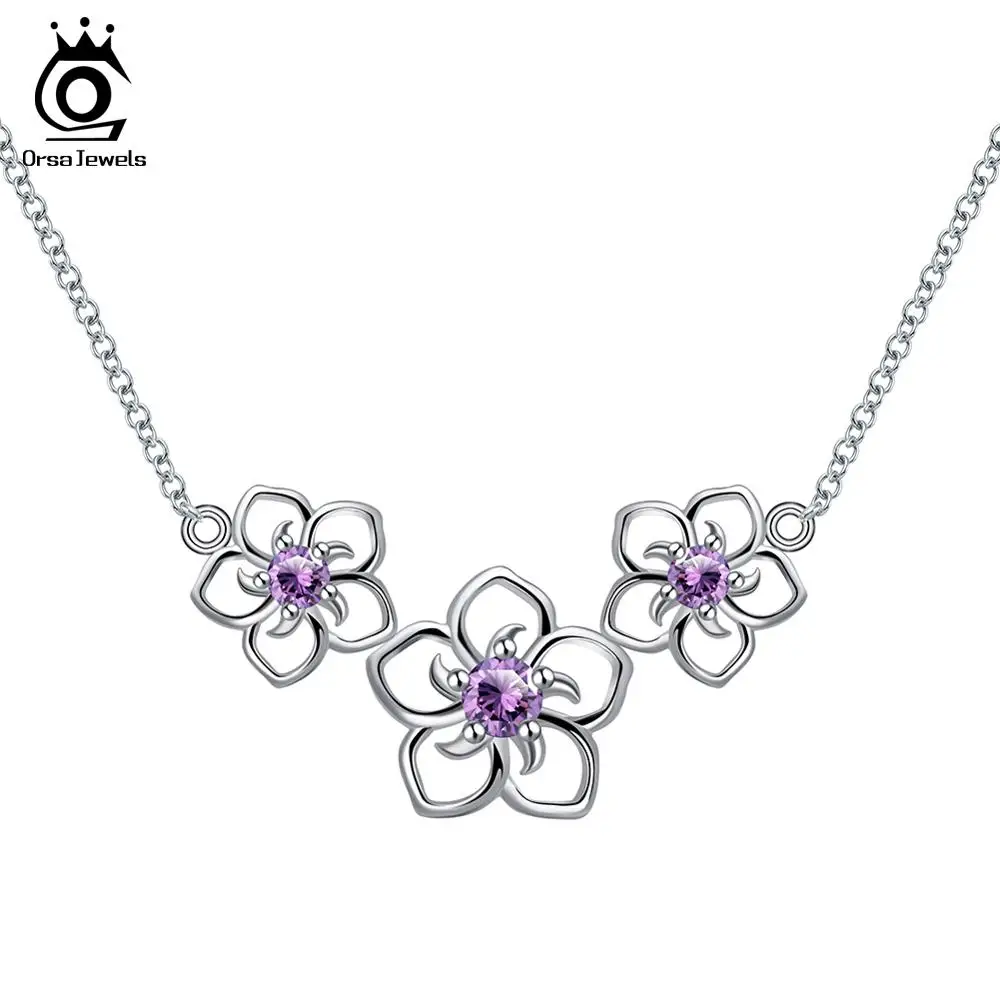 ORSA JEWELS Настоящее Стерлинговое Серебро ожерелья для женщин 3 Шт Полые Цветы с фианитом высшего класса женские ювелирные изделия SN96 - Gem Color: Purple Zircon