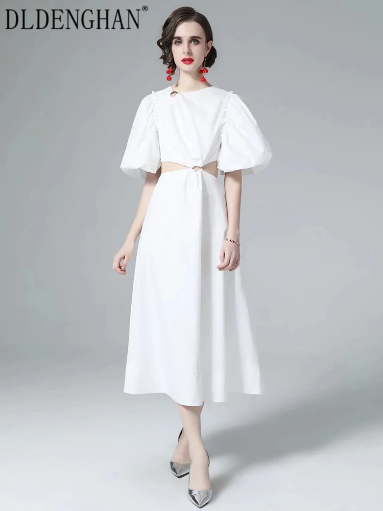 

DLDENGHAN Fashion Designer Spring Summer Dress Women O-Neck Puff Sleeve Hollow Out Solid Vacation Dresses