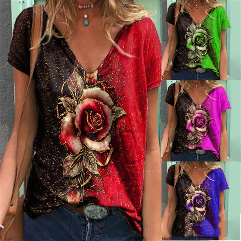 

Summer V-neck 3D rose short sleeve loose T-shirt blouse
