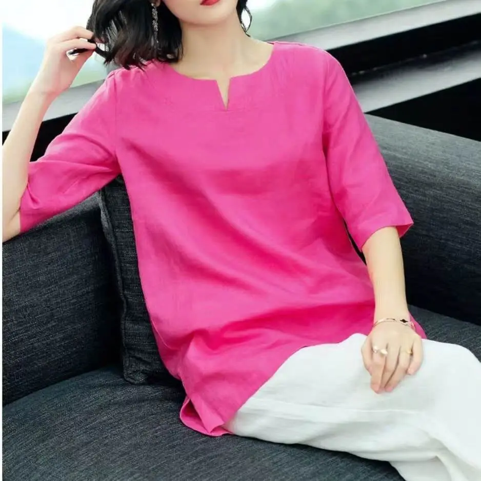 Plus size Tops Loose Cotton Linen Shirt Women Summer Blouses Short sleeve Solid color Elegant White Ladies Office Casual 4XL