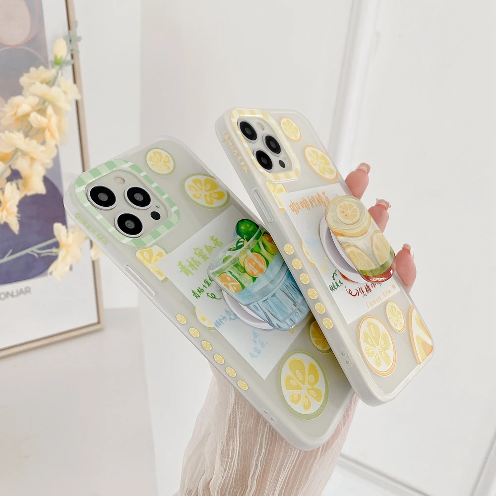 

3D cute cartoon fruit lemon Holder Stand Soft Clear phone case for iphone 12 11 Pro Max X XR XS 7 8 plus SE 2020 fashion cover
