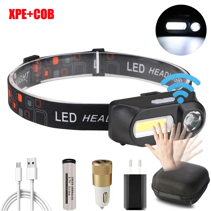 Portable XPE+COB LED Headlight Mini Flashlight Light Waterproof Built-in USB Rechargeable Outdoor Camping Hiking Night Light