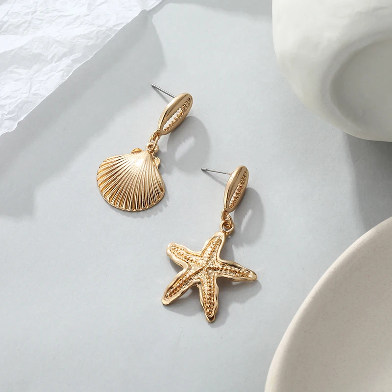 Корейские Эффектные серьги асимметричные сережки морская звезда золотые