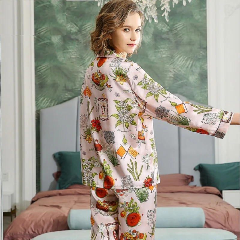 Womens Silk Pajamas Sets  sleepwear Silk Stain Homewears Floral Print Full Sleeve Pink Sleepwears Pyjama Set Sexy  Home Wear