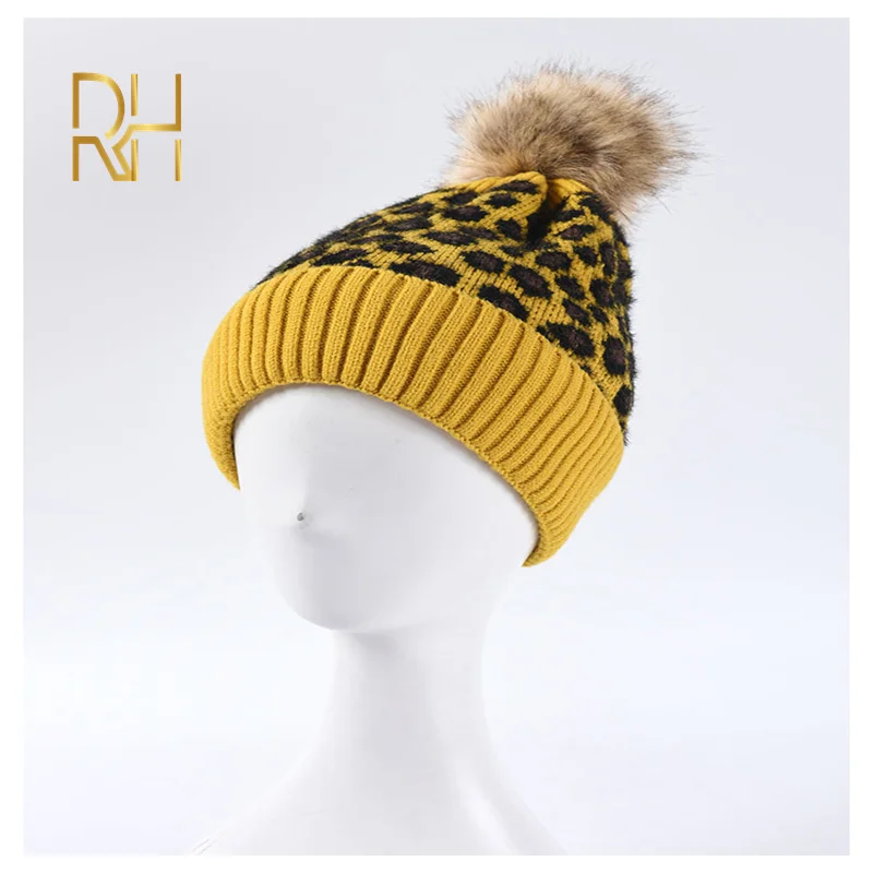 Женские шерстяные шапки с принтом Модные леопардовые вязаные помпоном из