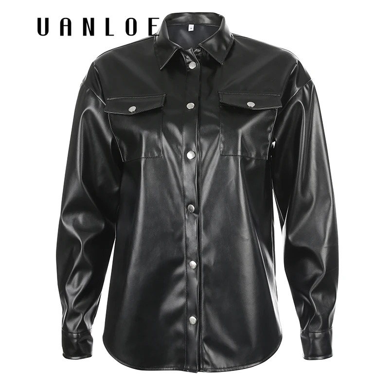 

Женская рубашка из искусственной кожи с отложным воротником, черная однобортная рубашка в стиле панк, весна-осень, 2020