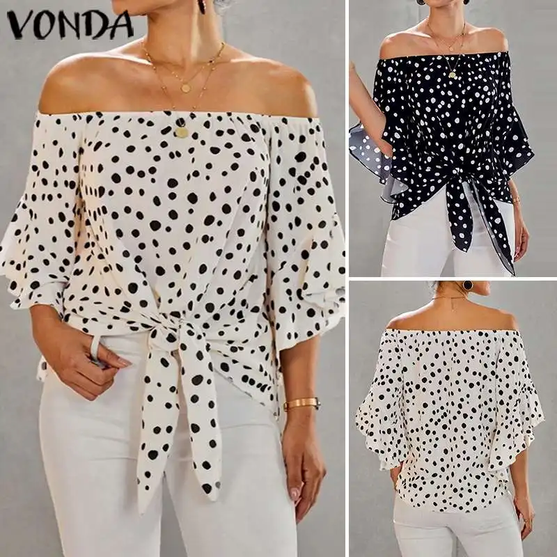 Туника женская с открытыми плечами пикантная рубашка принтом в горошек богемный