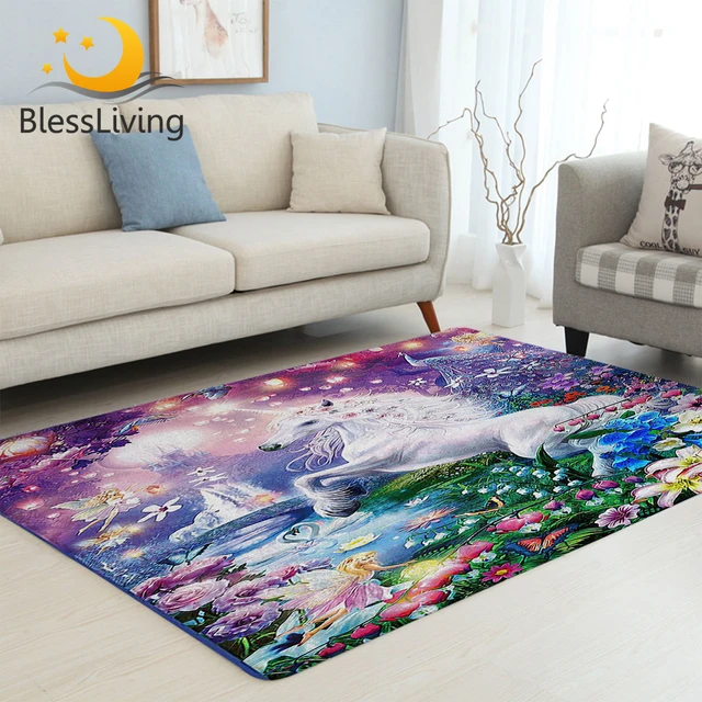 BlessLiving Unicorn Large Carpets for Living Room Cartoon Floor Mat Watercolor Print Area Rug 152x244cm Colorful Flower Tapete 1