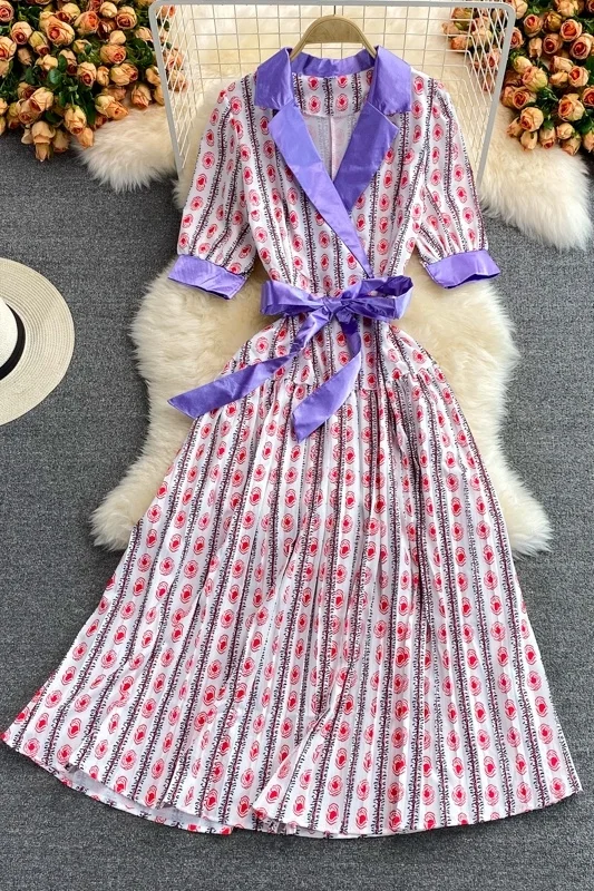 

Summer high end suit collar print dress short sleeve elegant temperament over the knee light mature wind waist show thin big