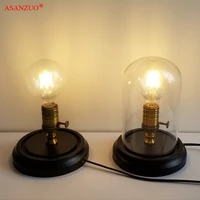loft vintage industrial black wood desk lamp retro edison bulb wooden base led table lights with switch or glass lampshade