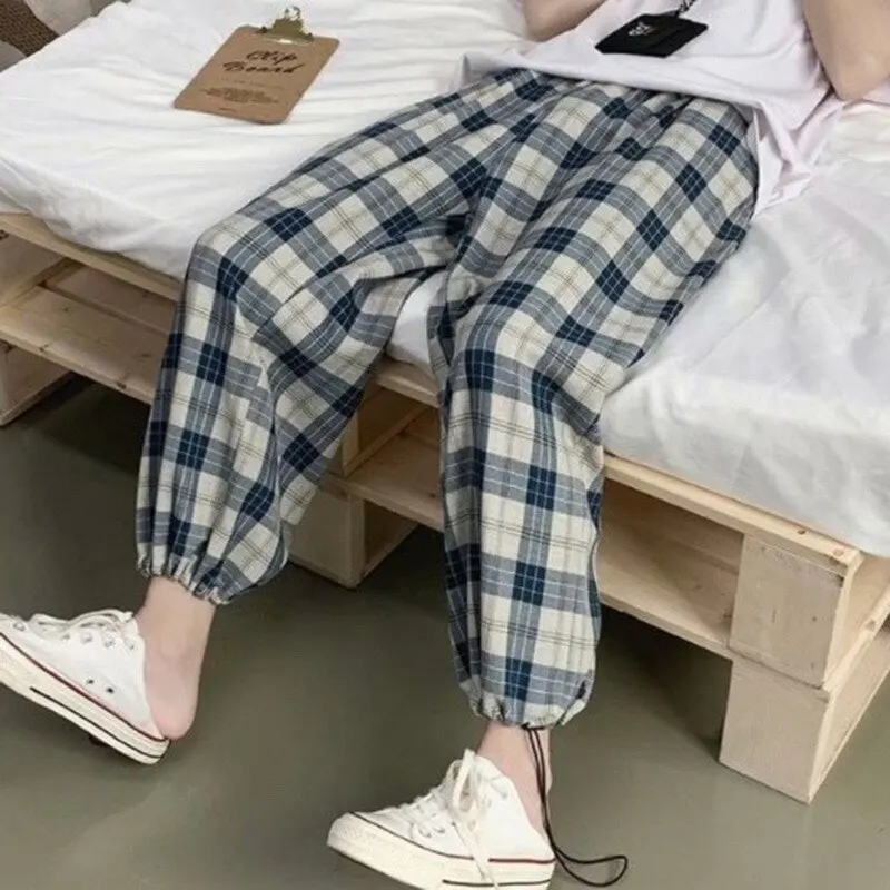 

MoneRffi Men's Plaid Casual Harem Pants Korean Man 2021 Loose Ankle-Length Trousers Harajuku Streetwear New Female Male Clothing