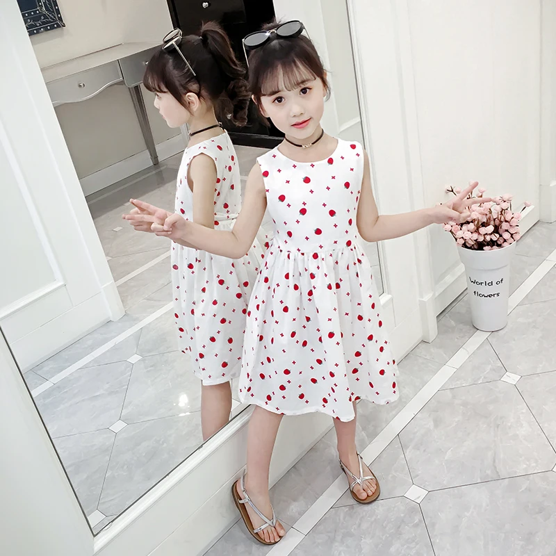 

Летнее хлопковое платье для девочек CNUM, платье без рукавов с принтом, милые детские платья с круглым вырезом для подростков, детская одежда ...