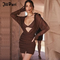 jillperi bra and dress 2 piece set coffee chiffon summer long sleeve open chest ruched vacation wear sexy shirt dress