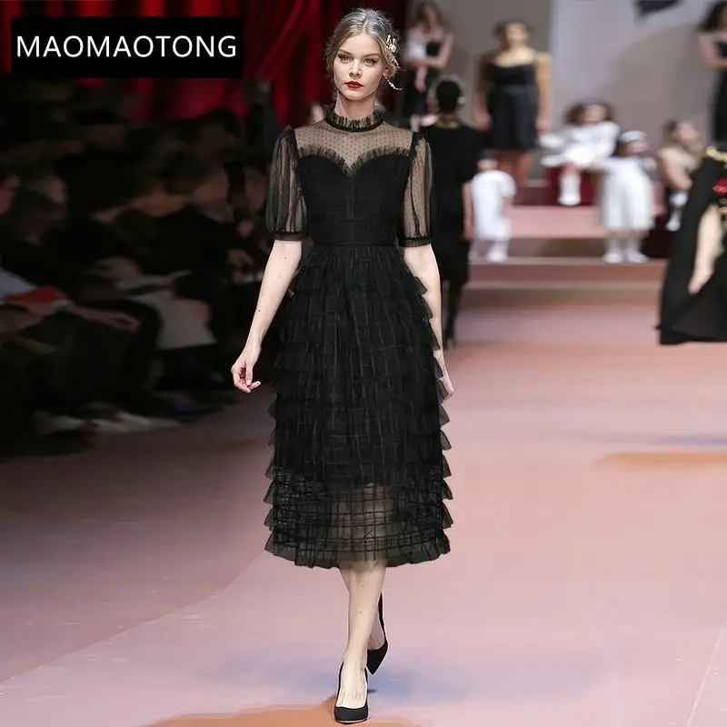 

2021 Fashion Designer Summer Women Elegant Black Gown Dress Puff Sleeve Mesh Print Ruffle Sexy Party Club Midi Dress