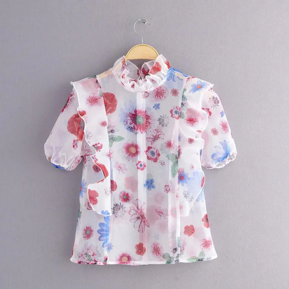 Новинка Женская кружевная прозрачная блузка из органзы с принтом шикарная