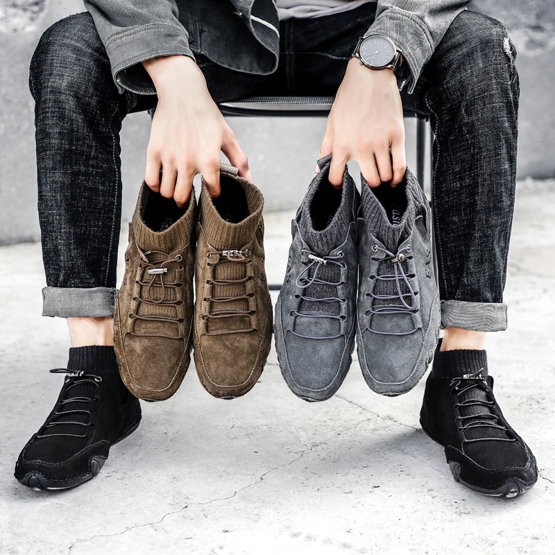 

Men's Leather High-Top Shoes Fashion Cow Suede Oxford Shoes Classic Socks Mouth Slip-On Shoes Sewing Soles Casual Men Shoes