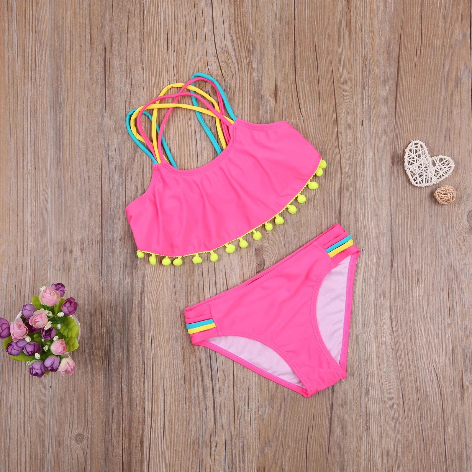 

Детский раздельный купальник, летний комплект бикини без рукавов с открытой спиной для девочек с бахромой и трусиками, летний комплект бики...