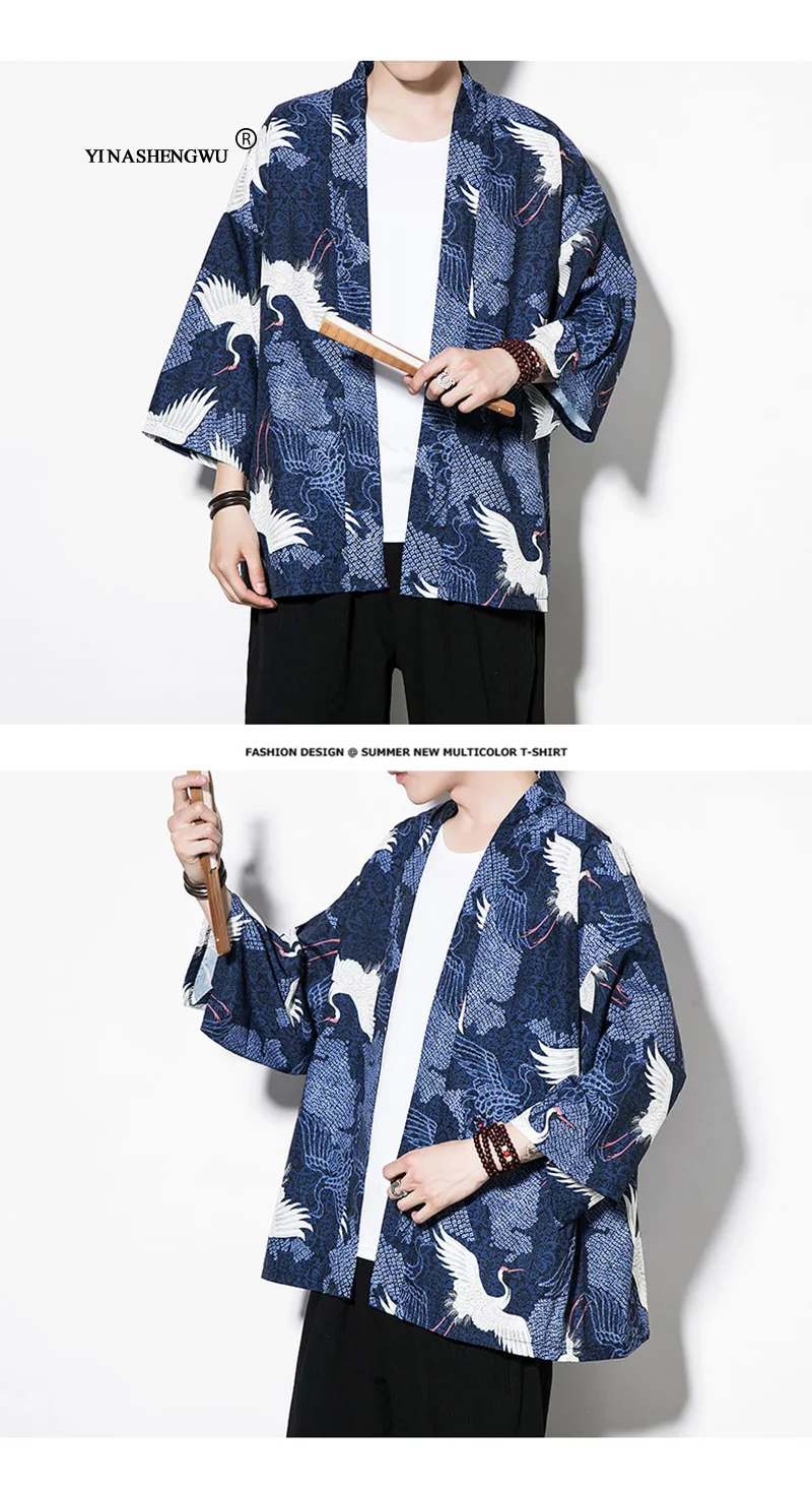 Yukata Кимоно Кардиган для мужчин кимоно Femme Harajuku японское кимоно летнее пальто с принтом кота голубого цвета кимоно костюм для косплея рубашка