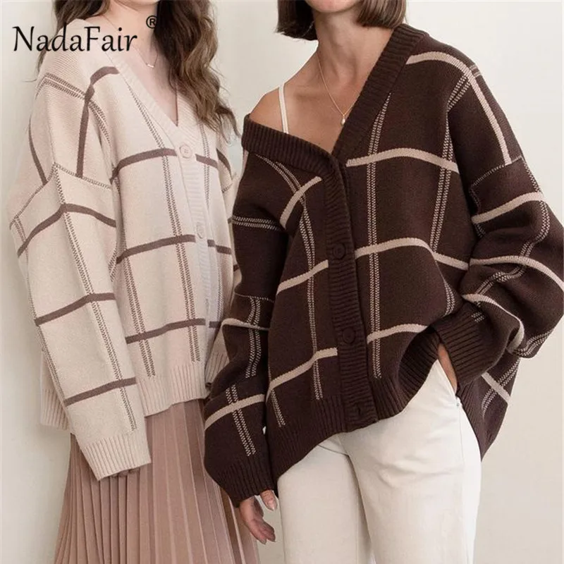 Nadafair клетчатые кардиганы для женщин v образный вырез винтажный вязаный пуловер