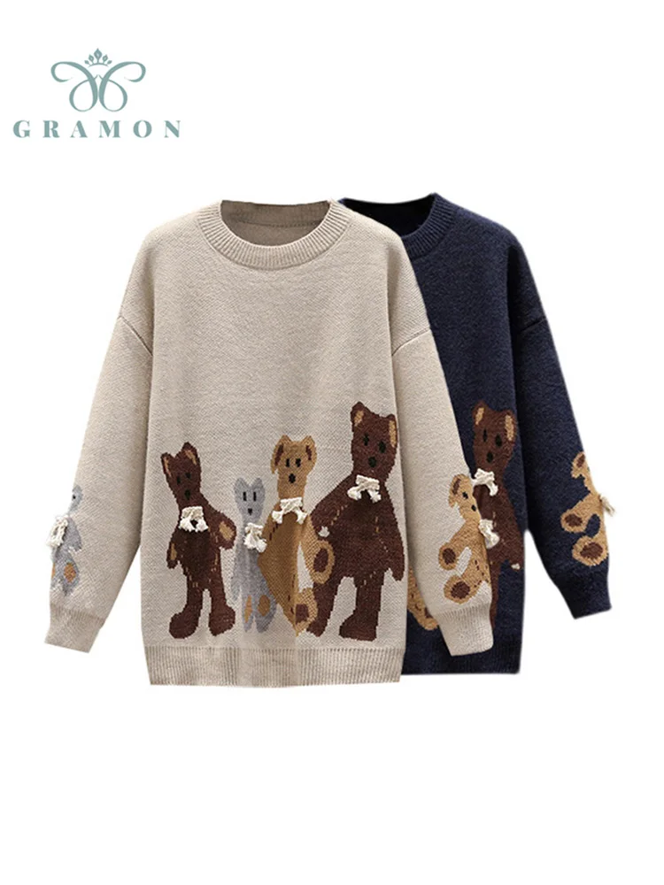 

Pullovers Cartoon Knitted Sweaters Women Plus Size Thick Long Sleeve Top Fashion O Neck Kawaii Bear Autumn Winter Sueters Mujer