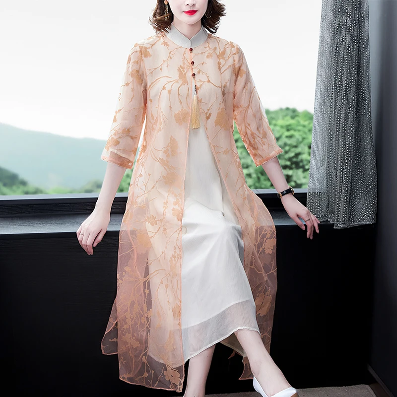 Платье в китайском стиле для женщин длинное летнее платье с длинным рукавом