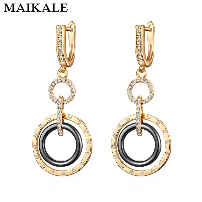 

MAIKALE Trendy Ceramic Round Earrings Copper High Quality Cubic Zirconia Plated Gold Drop Earrings For Women For Gifts