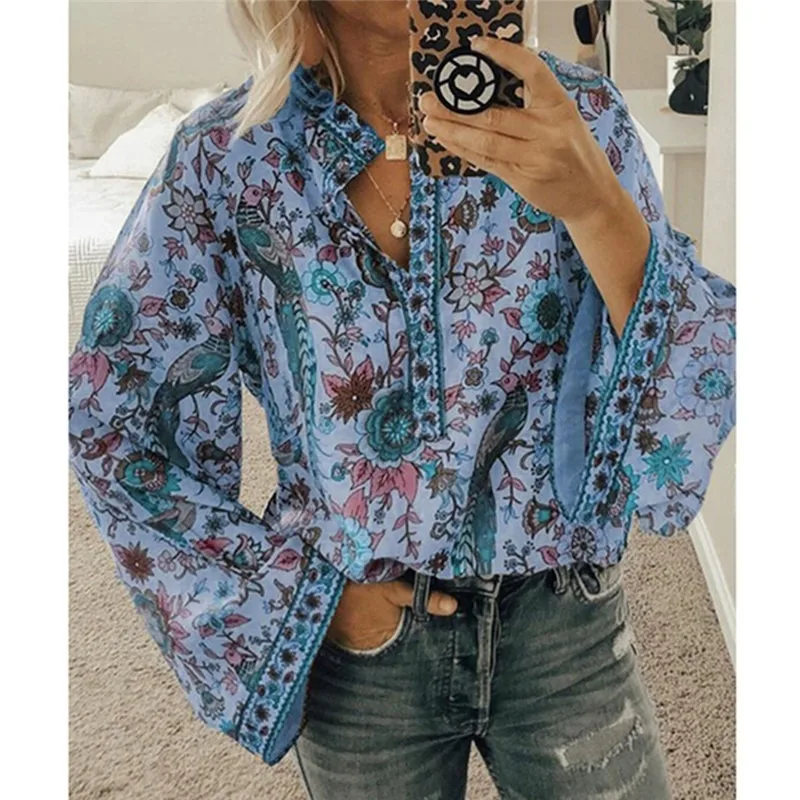 

2021 New Fashion Butterfly Print Women Blouses Long Sleeve Turn-down Collar Blouse Shirt Casual Tops Elegant Work Shirt