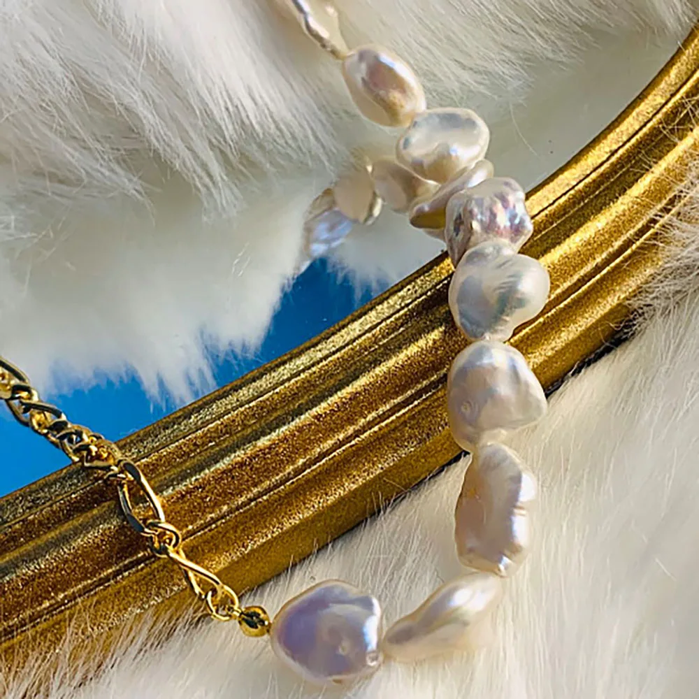 

Baroque pearl necklace with chain necklace gold plated link pearl choker