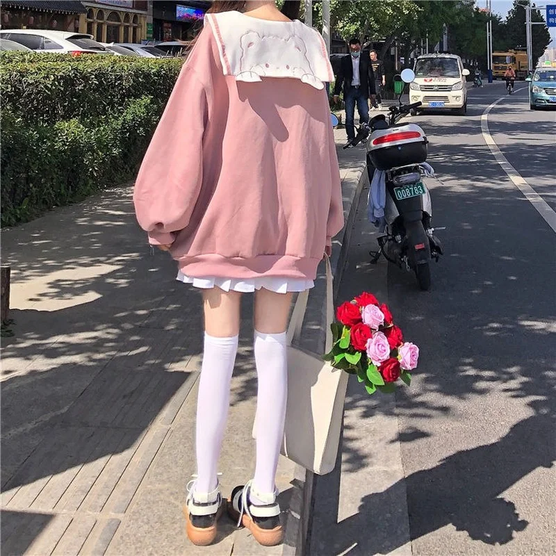

Kawaii Hoodies Women Sailor Collar Sweatshirt Japanese Oversized Streetwear Soft Girl Long Sleeve Top Funny Bear Crewneck