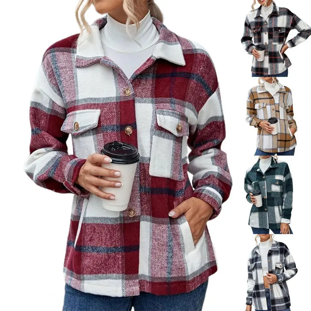 

Dropshipping Flap Pockets Turn-down Collar Shirt Coat Long Sleeve Plaid Print Buttons Down Shirt Jacket Outerwear