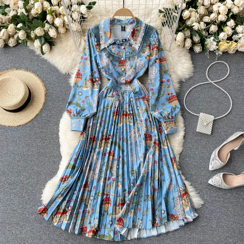 

Женское плиссированное платье, элегантное весеннее платье с длинным рукавом и принтом в виде деревянных ушей, 2021