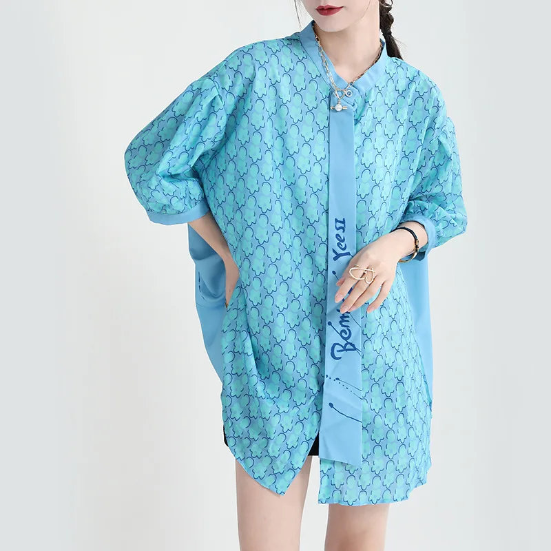 

2021 Summer Fashion Ladies Blue Blouse Casual Women Long Tops Elegant Loose Print High Quality Female Plus Size Cotton Shirt T10
