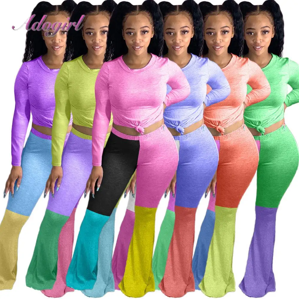 

Women 2 Piece Set Casual Long Sleeve Crop Tops T-Shirt Patchwork Wide Leg Flare Pants Suit Outfit Tracksuit Joggers Matching Set