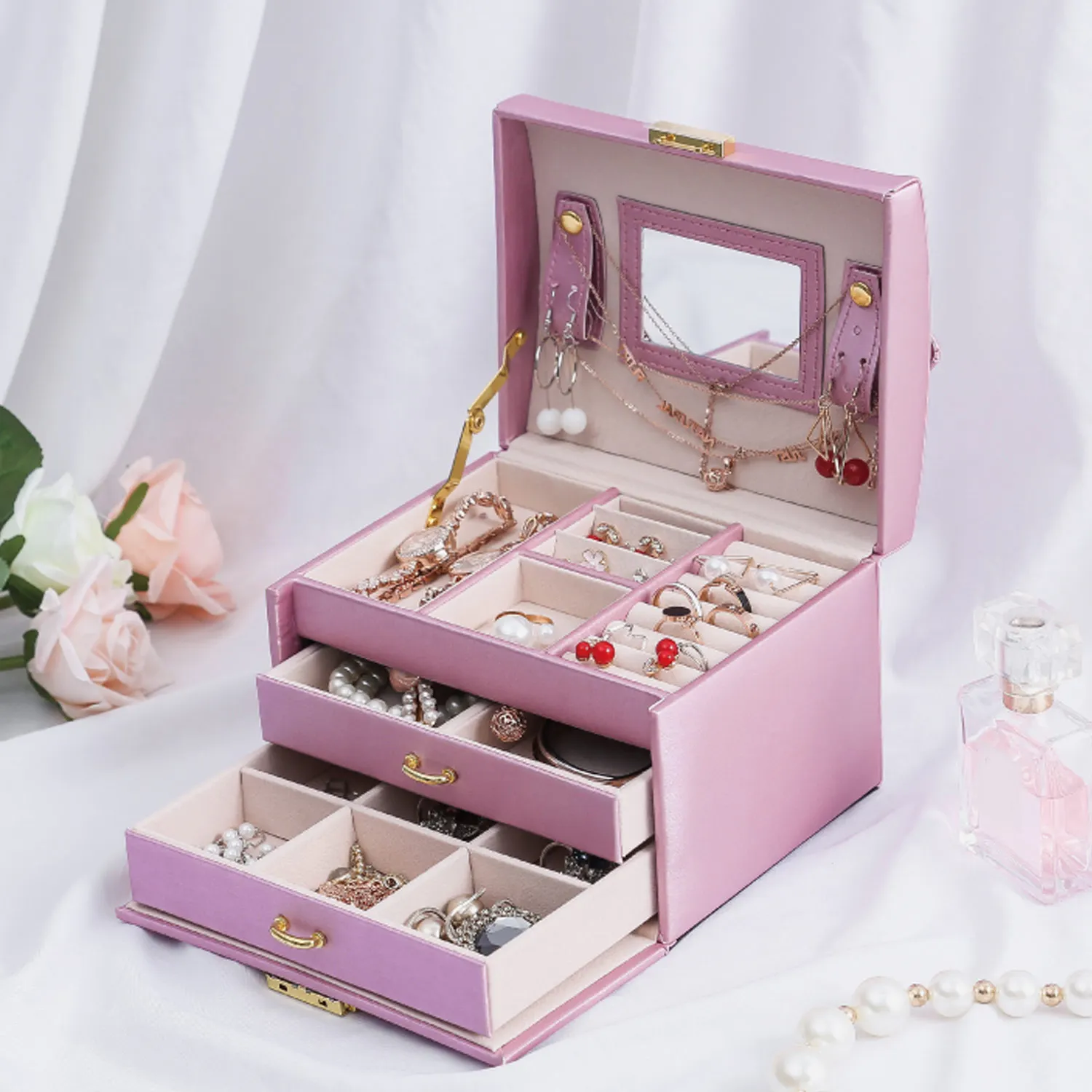 Шкатулка для драгоценностей Портативный 3-Слои искусственная кожа косметическая