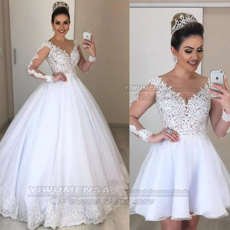 

Princess Ball Gown Wedding Dresses Custom Made Long Sleeves Bride Marriage White Appliques 2 In 1 Bridal Dress Robe De Mariee