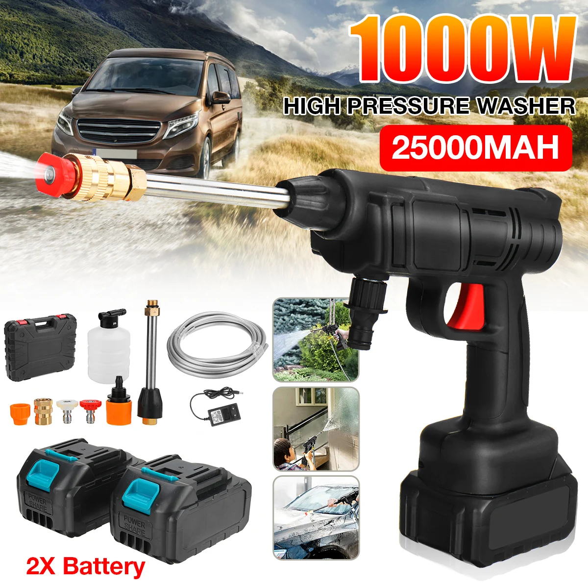 

1000W Cordless High Pressure Car Wash Water Gun Portable High Pressure Cleaner Car Washer Parkside Machine with 25000mAh Battery
