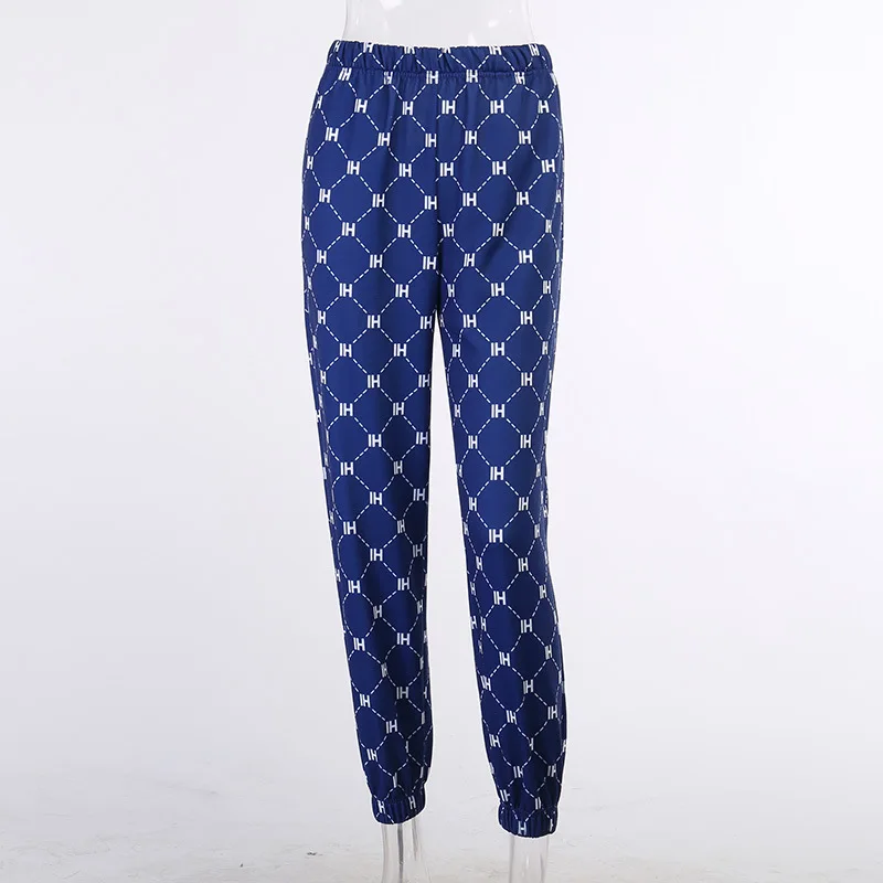 

Royal Blue Chic Letter Plaid Print Sweatshirt Sweatpant Women 2 Piece Matching Tracksuit Luxury Brand Design Winter Casual Sport