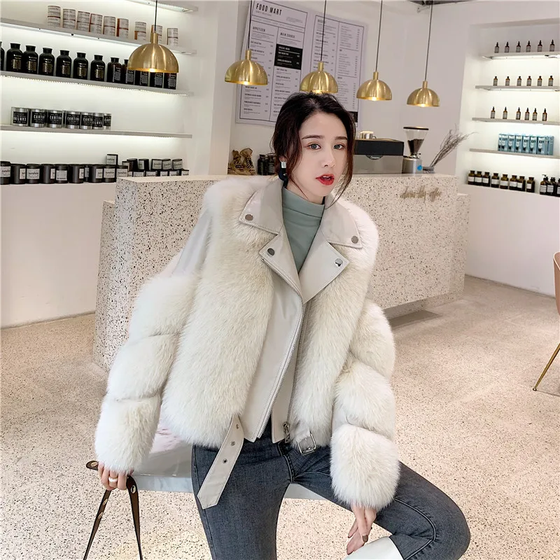 Женское пальто из натурального меха лисы теплое натуральной кожи для улицы