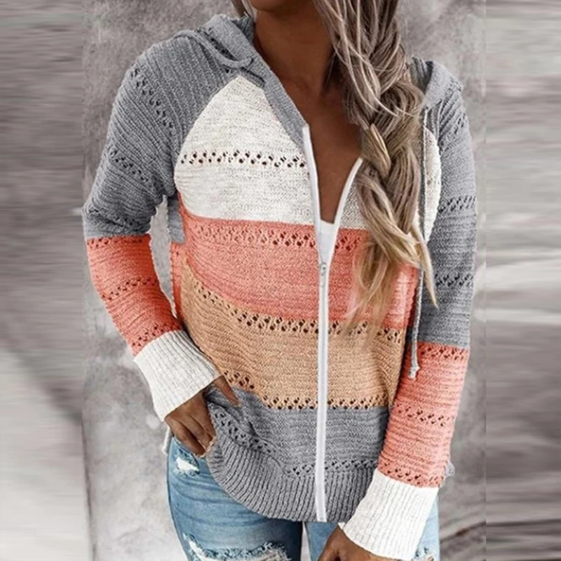 

Women Autumn Long Sleeve Sweaters Full Zip Up Hooded Drawstring Jacket Color Block Striped Hollow Out Knitted Loose Cardigan Coa