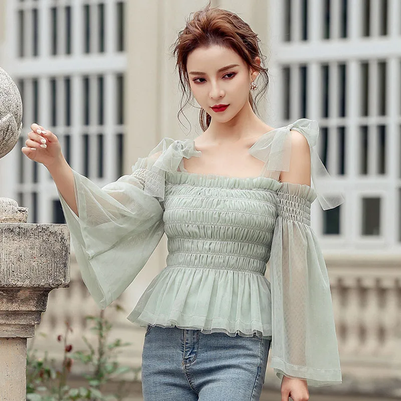 Летняя Новинка 2020 романтичная элегантная сетчатая рубашка с открытыми плечами